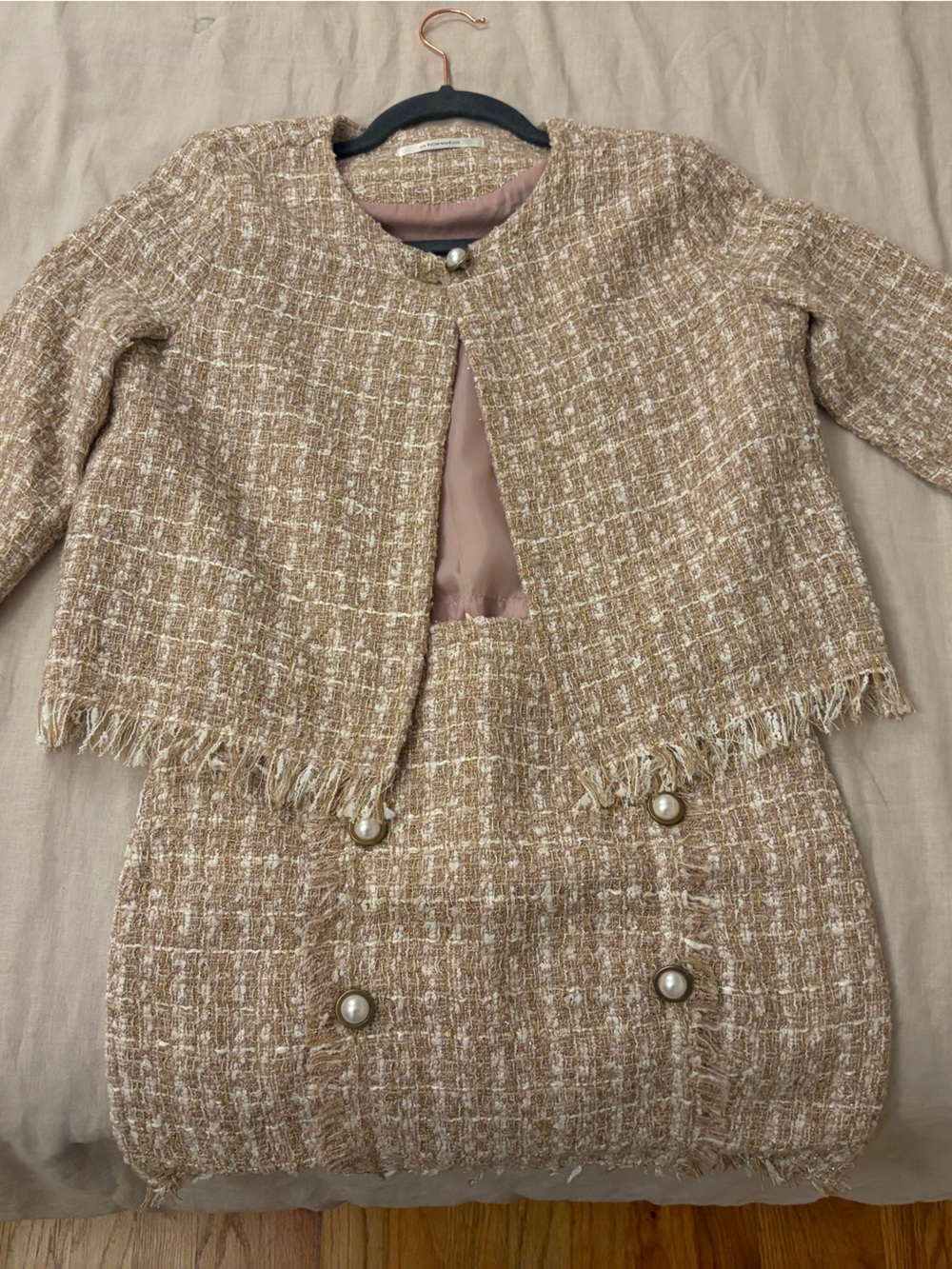 storets Beige Tweed Jacket with Pearl Accents